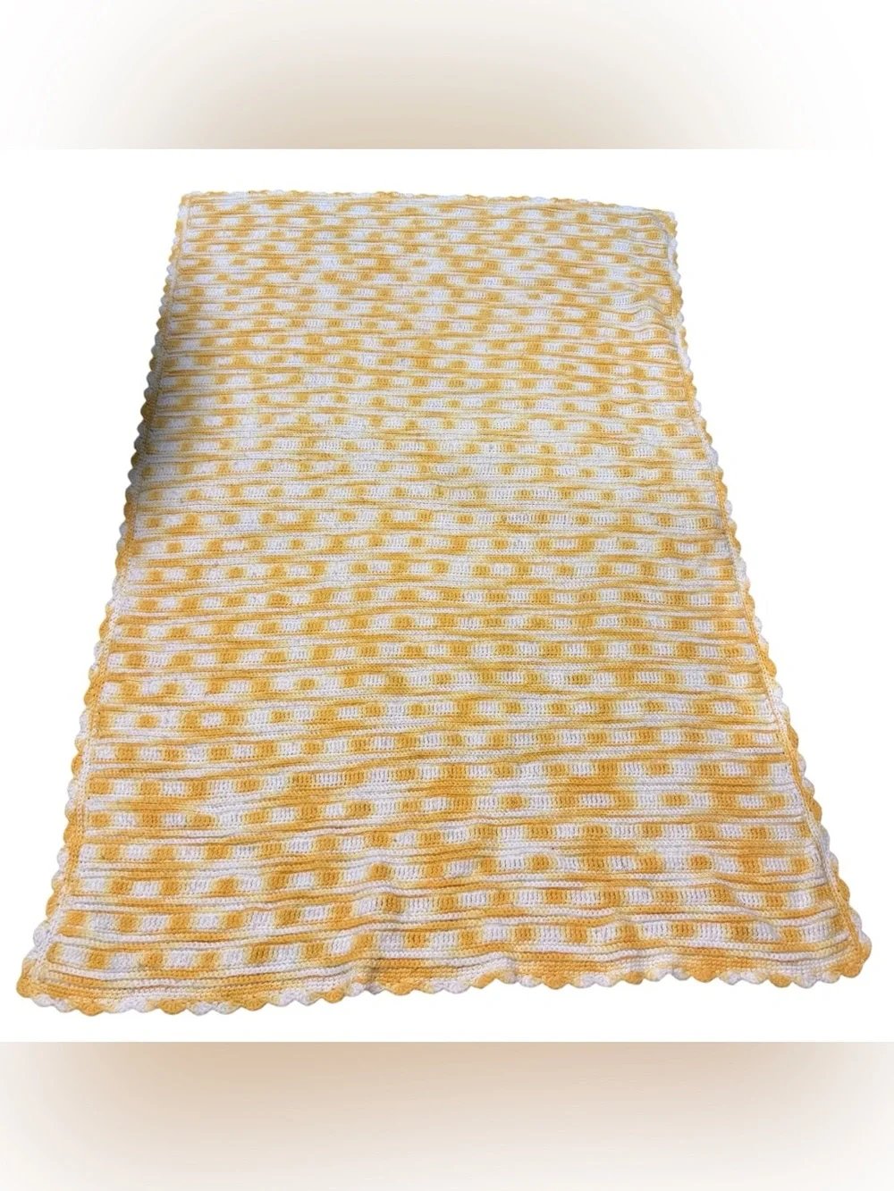 Vintage Crochet Knit Afghan Blanket Handmade Granny Yellow White 67”x44”